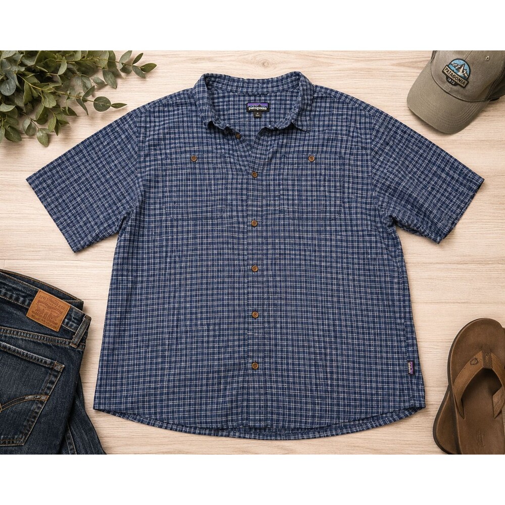 Patagonia Back Step Shirt Men's XL Blue Plaid Hemp Organic Cotton Button Up